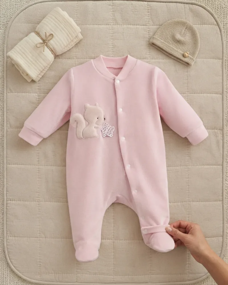 Pembe Sincap Aplikeli Kadife Patikli Bebek Tulum