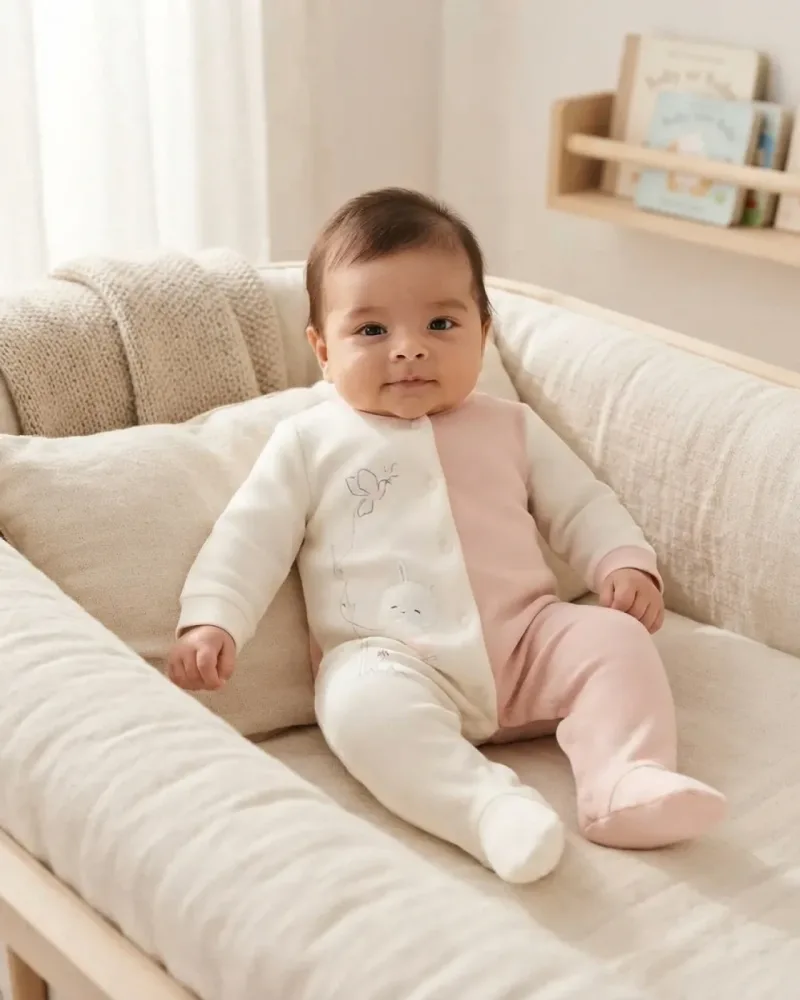 Unisex Bebek Pudra Tırmanan Tavşan Detaylı Kadife Patikli Tulum