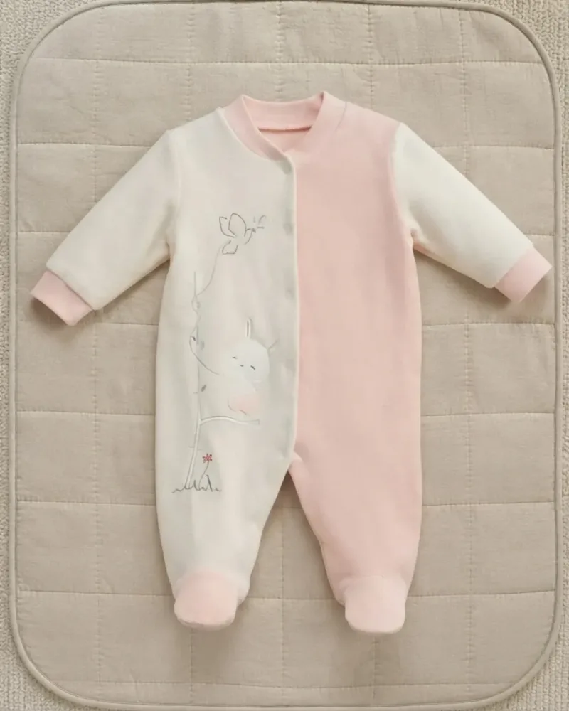 Unisex Bebek Pudra Tırmanan Tavşan Detaylı Kadife Patikli Tulum