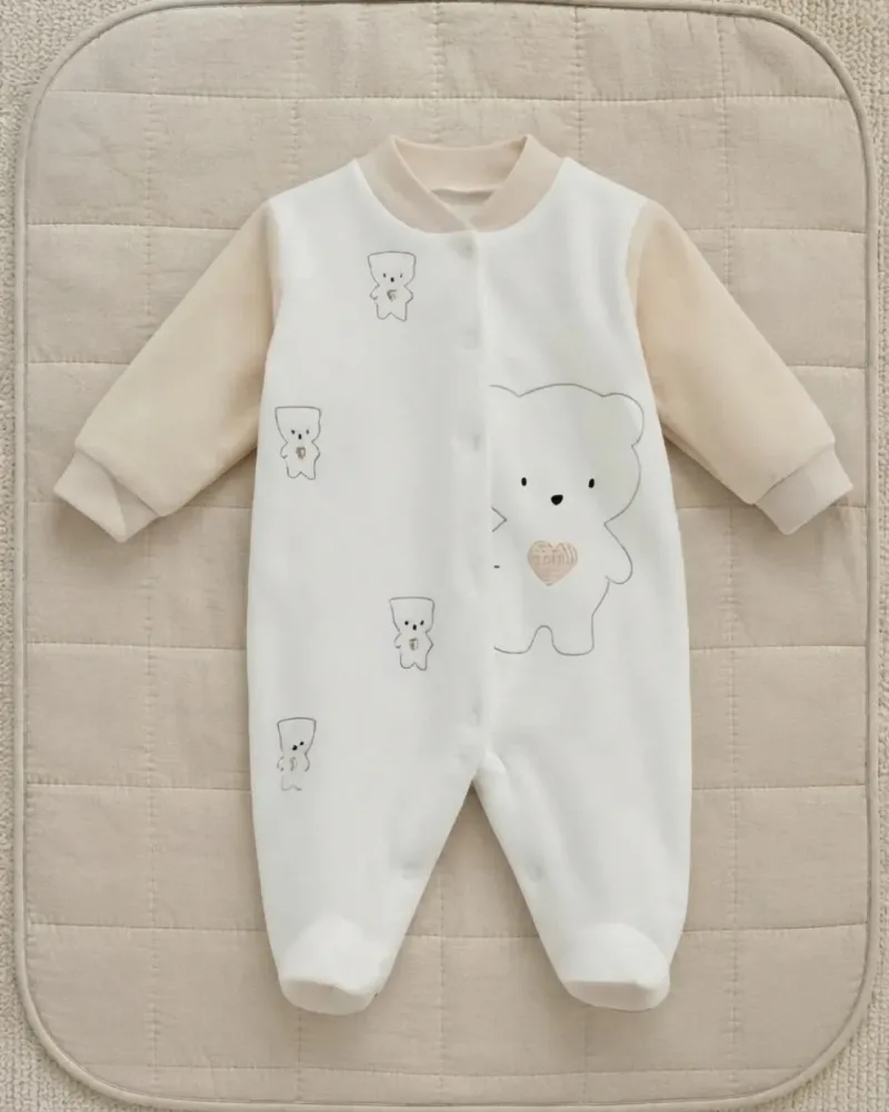 Unisex Bebek Bej Ayıcık Detaylı Kadife Patikli Tulum