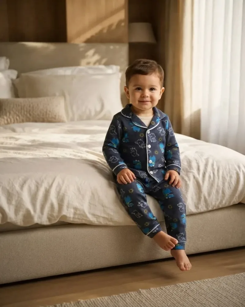 Mavi Dinazor Baskılı Mevsimlik Pamuklu Bebek Pijama Takımı
