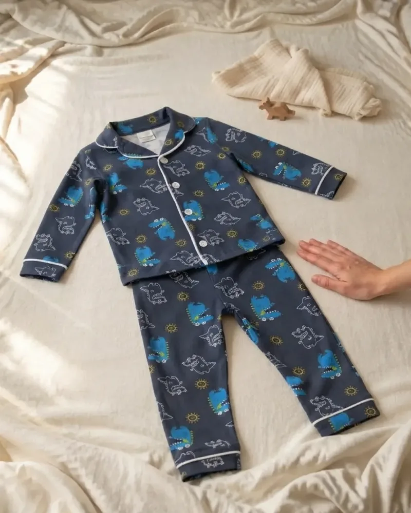 Mavi dinazor baskılı pamuklu bebek pijama takımı giyen erkek bebek – stilist ürün parçaları kompozisyonu
