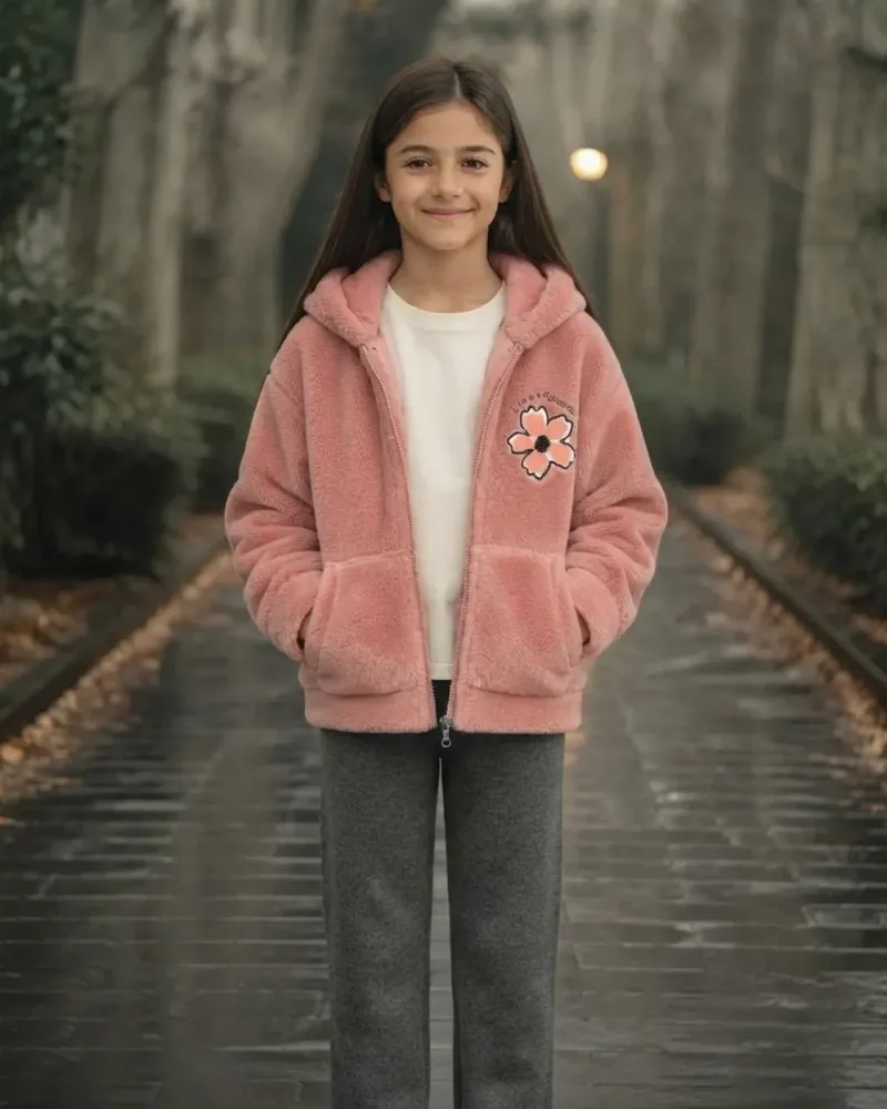 Kız Çocuk Çiçek Nakışlı Pembe Peluş Kapüşonlu Hırka Kışlık