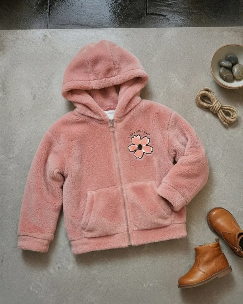 KIZ 8/ ÇİÇEK NAKIŞLI PELUŞ HIRKA – Pembe – stilist ürün parçaları kompozisyonu