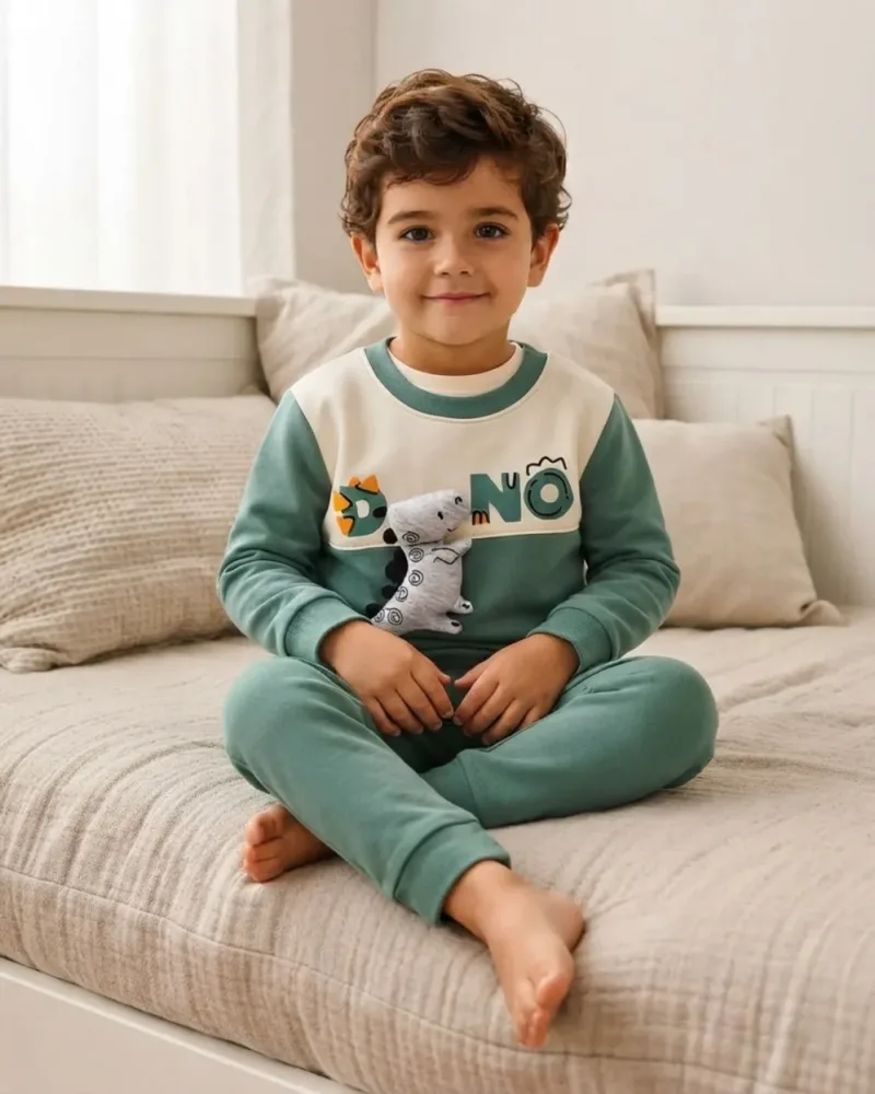 Erkek Bebek Yeşil 3D Dinozor Aplikeli Sweatshirt Pantolon Takımı – 2 Parça