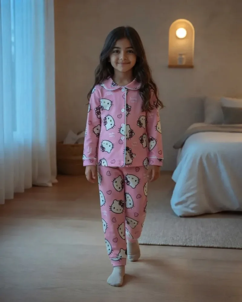 Kız Çocuk Pembe Hello Kitty Baskılı Önden Düğmeli Pijama Takımı – 2 Parça