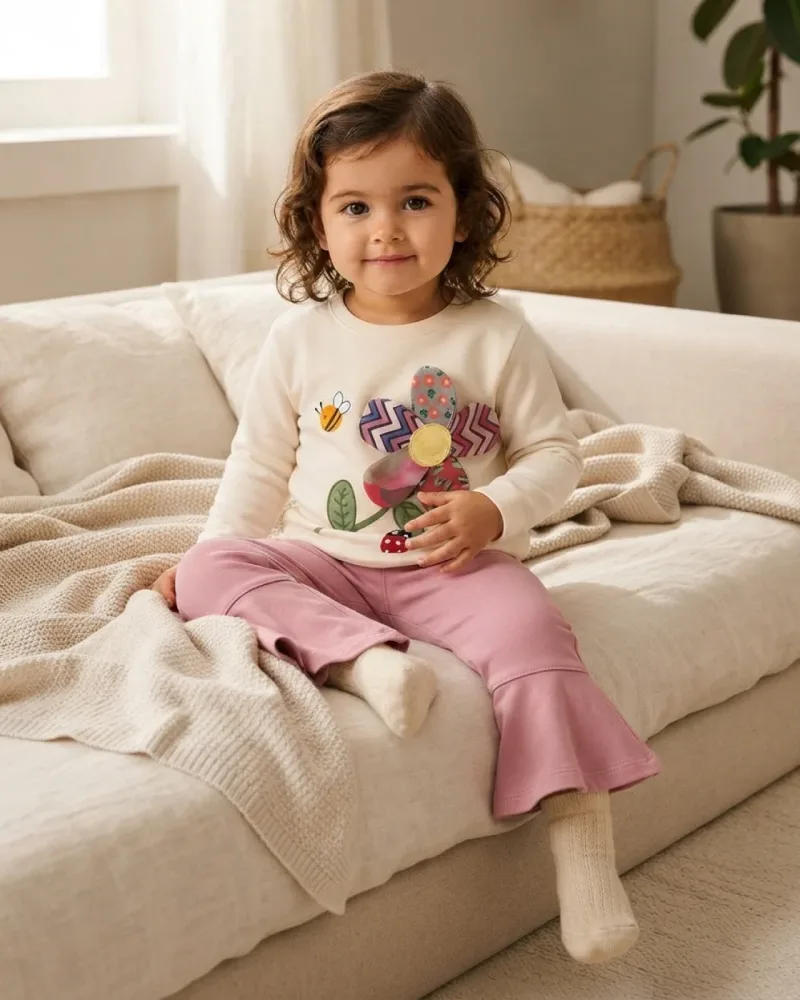 Kız Bebek 3D Çiçek Aplikeli Sweatshirt ve İspanyol Paça Pantolon Takımı – Ekru Pembe