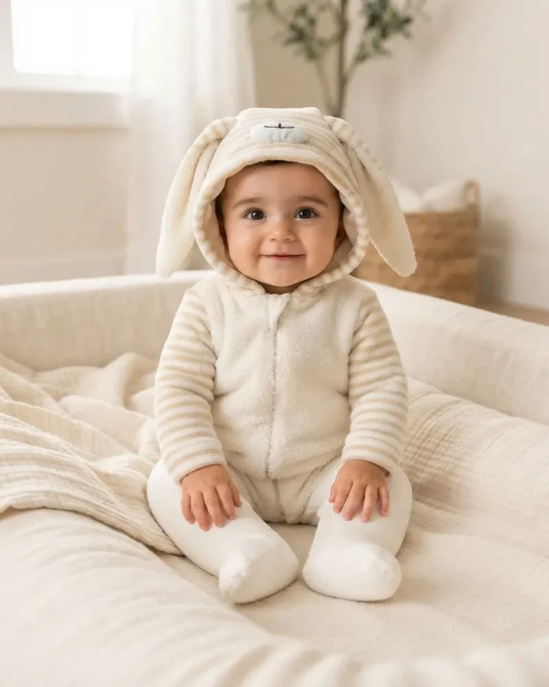Krem Çizgili Tavşan Kulaklı Welsoft Bebek Tulum