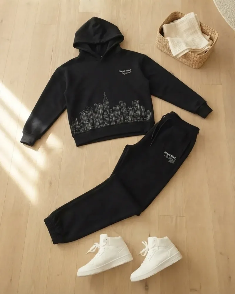 Siyah renk kapüşonlu sweatshirt ve pantolondan oluşan erkek çocuk eşofman takımı, 11-14 yaş erkek çocuk model üzerinde – stilist ürün parçaları kompozisyonu