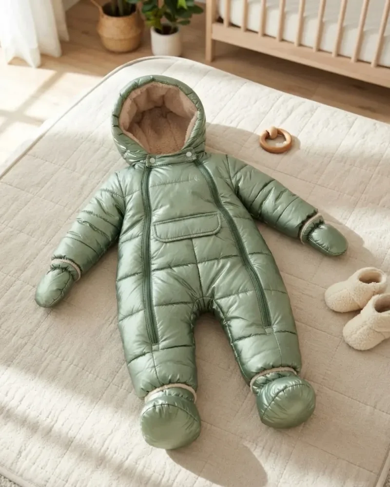 Mint yeşili renkli çift fermuarlı kışlık bebek kozmonot tulum içinde oturan gülen bebek – stilist ürün parçaları kompozisyonu