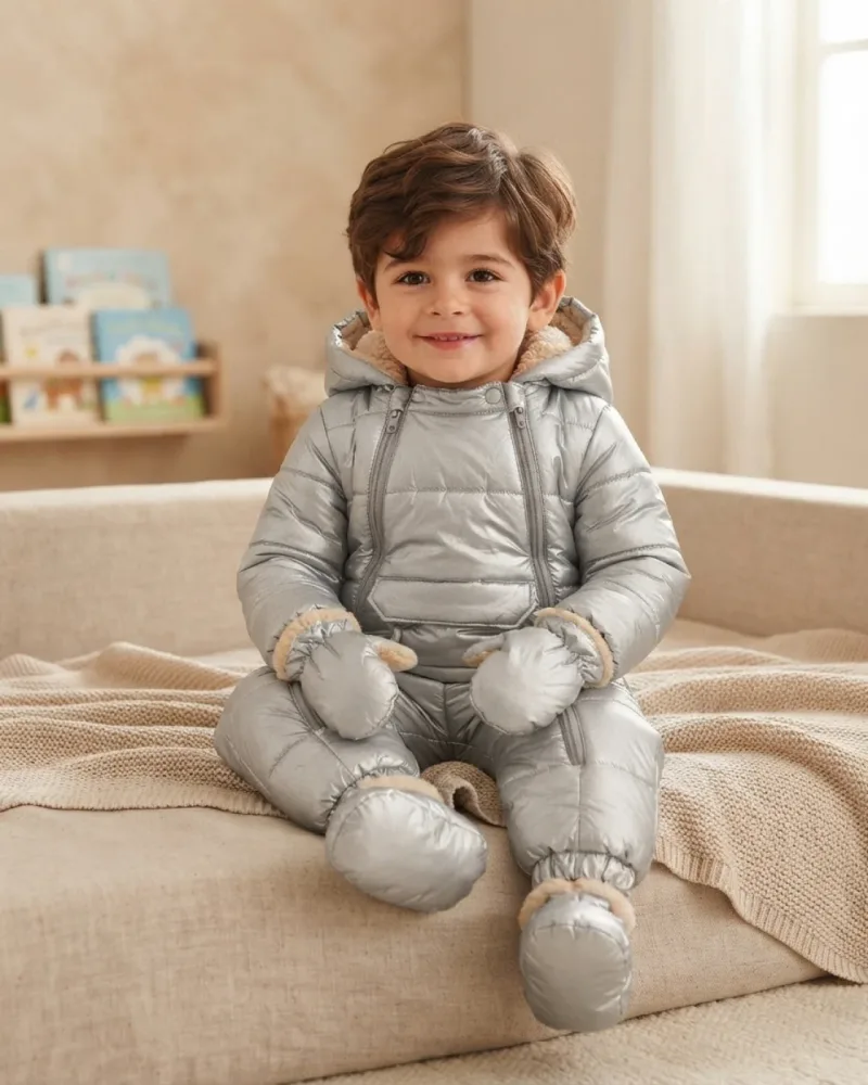 Beyaz çift fermuarlı kapüşonlu su geçirmez bebek kozmonot tulum – sentetik çocuk manken ile hero görünümü