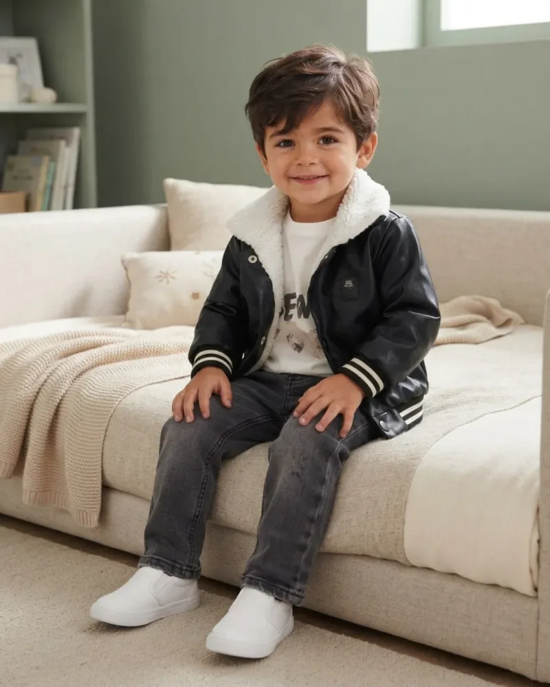 Erkek Bebek Siyah Deri Ceket Takım Modeli