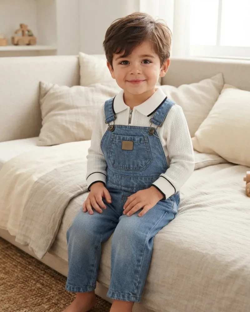 Mavi Cepli Denim Salopet Bebek Takımı Modeli