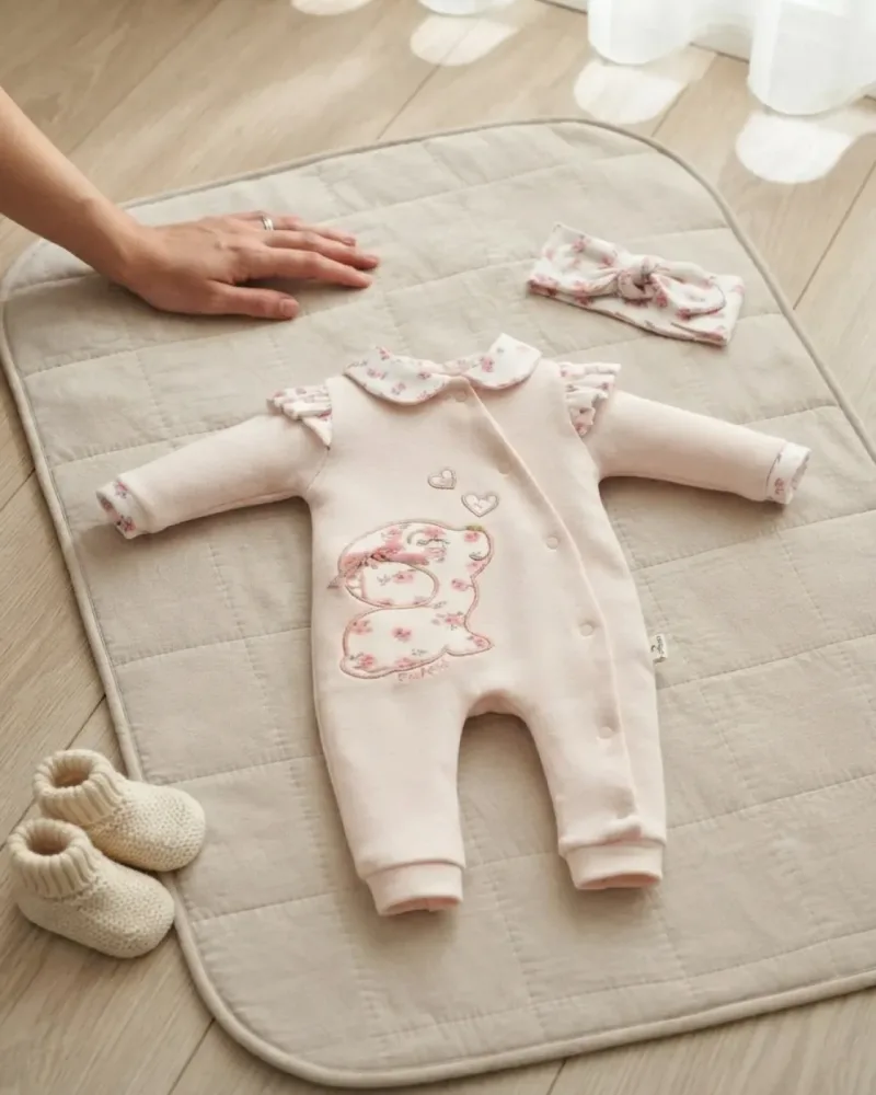 Cute Baskılı Kız Bebek Tulum – Pembe – stilist ürün parçaları kompozisyonu