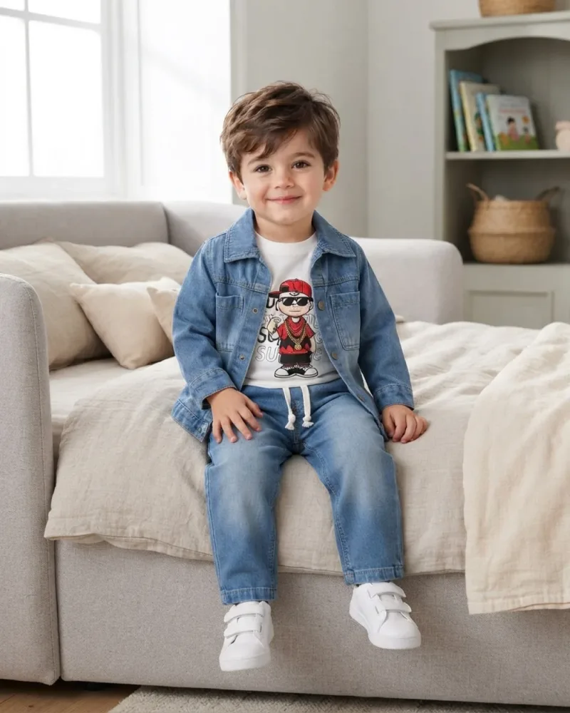 Erkek Bebek Mavi Kot Ceketli Üçlü Takım Modeli