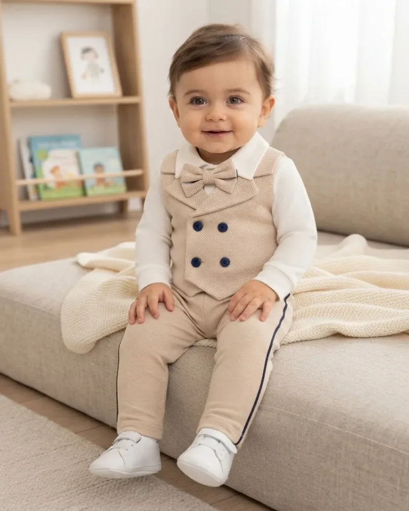 Yelekli Papyonlu Erkek Bebek Bej Üçlü Takım