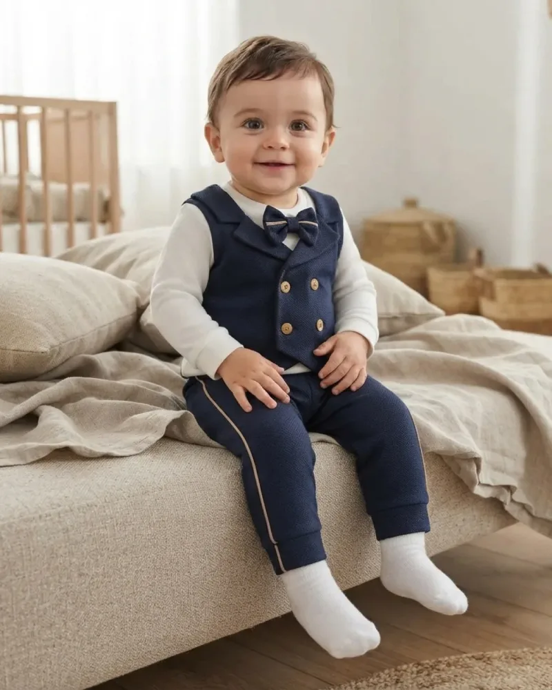 Yelekli Papyonlu Erkek Bebek Lacivert Takım