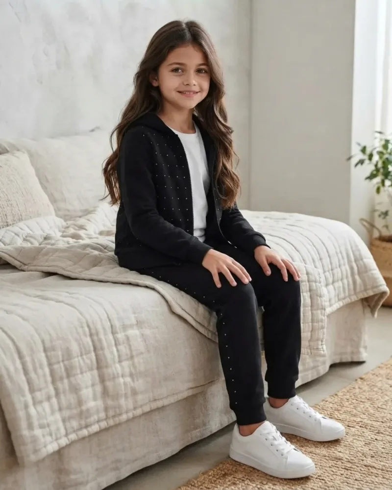 Kız çocuk için siyah fiyonk baskılı taş detaylı fermuarlı kapşonlu şardonlu iki parçalı takım – sentetik çocuk manken ile hero görünümü