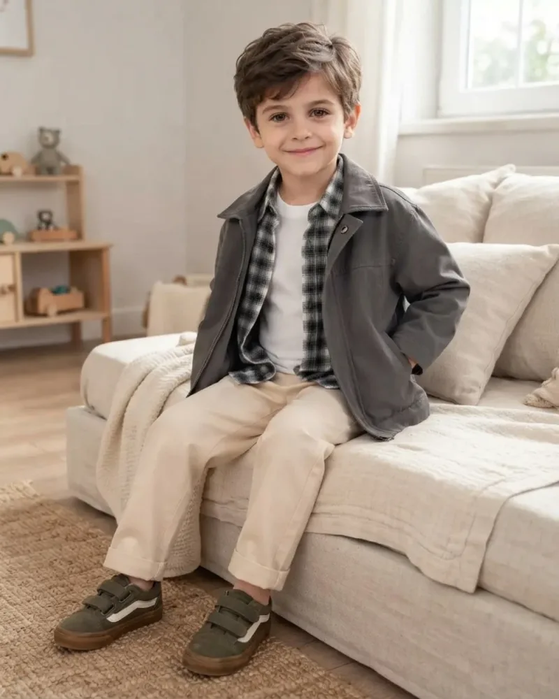 Erkek çocuk model füme renk fermuarlı hırka, oduncu desenli gömlek, bej pantolon ve tişörtten oluşan dört parçalı takım ile poz veriyor – sentetik çocuk manken ile hero görünümü