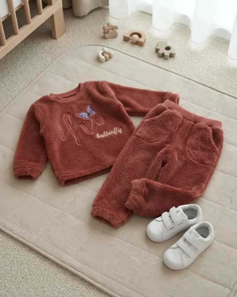 Kelebek nakışlı well soft peluş kız çocuk takımı gül kurusu renkli, uzun kollu üst ve pantolon modeli – stilist ürün parçaları kompozisyonu