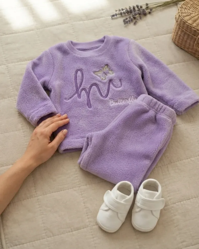 Lila renk well soft peluş kelebek nakışlı kız çocuk takımı – stilist ürün parçaları kompozisyonu