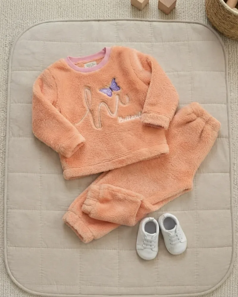 Somon renk kelebek nakışlı well soft peluş kız çocuk rahat takım – stilist ürün parçaları kompozisyonu
