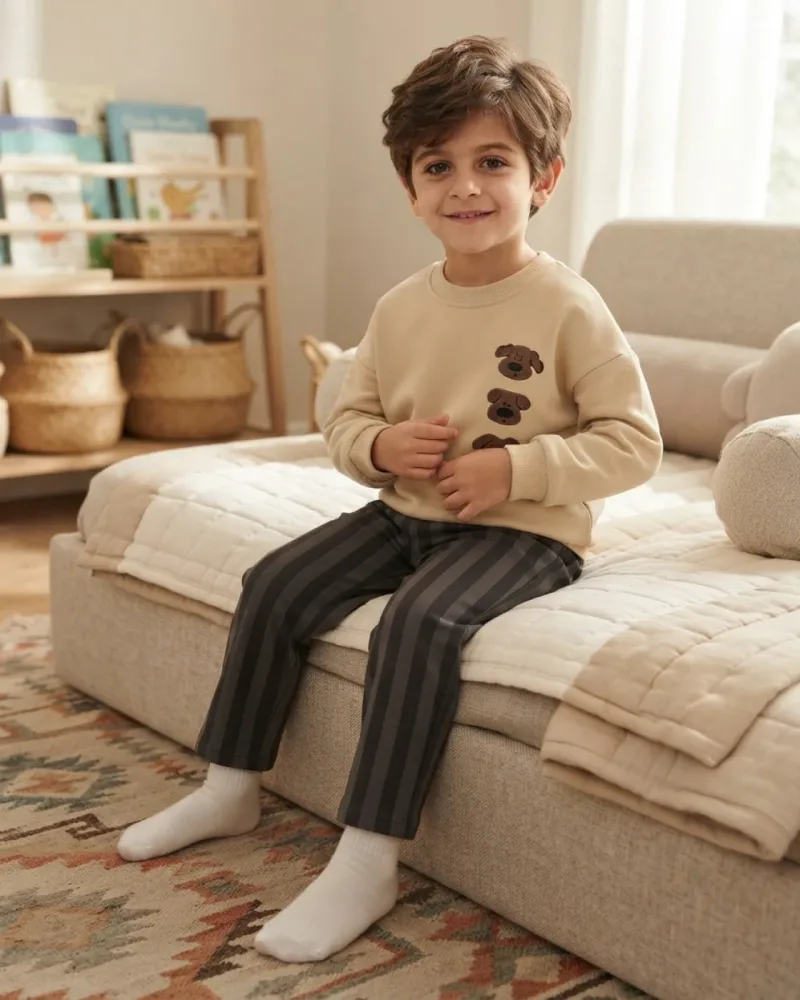 Köpek Baskılı Bej Sweatshirt ve Çizgili Pantolon Erkek Takım