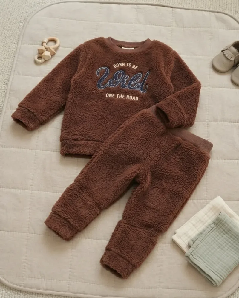Koyu kahverengi nakışlı well soft peluş erkek çocuk uzun kollu takım – stilist ürün parçaları kompozisyonu