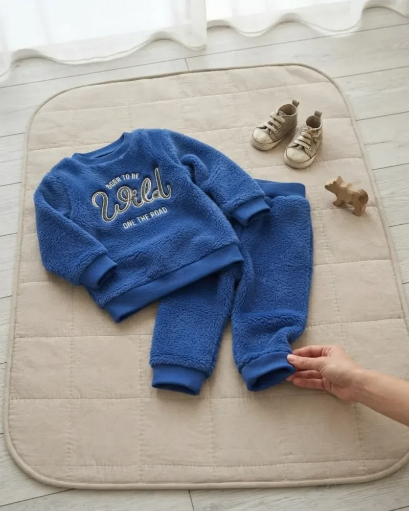 Nakışlı lacivert well soft peluş erkek çocuk takım, uzun kollu sweatshirt ve eşofman altı ile. – stilist ürün parçaları kompozisyonu