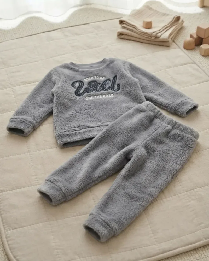 Füme renk nakışlı well soft peluş erkek çocuk takım, uzun kollu üst ve eşofman altı ile tek çocuk modeli – stilist ürün parçaları kompozisyonu