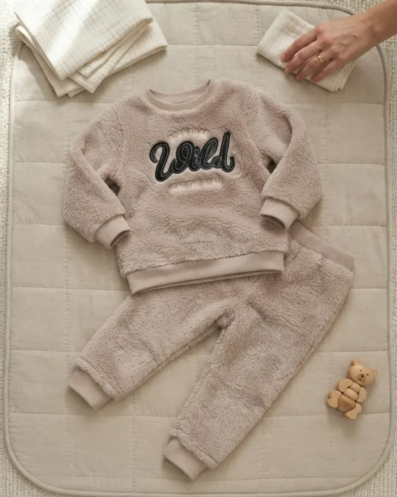 Bej renkli nakışlı well soft peluş erkek çocuk takım seti, uzun kollu sweatshirt ve eşofman altı ile – stilist ürün parçaları kompozisyonu