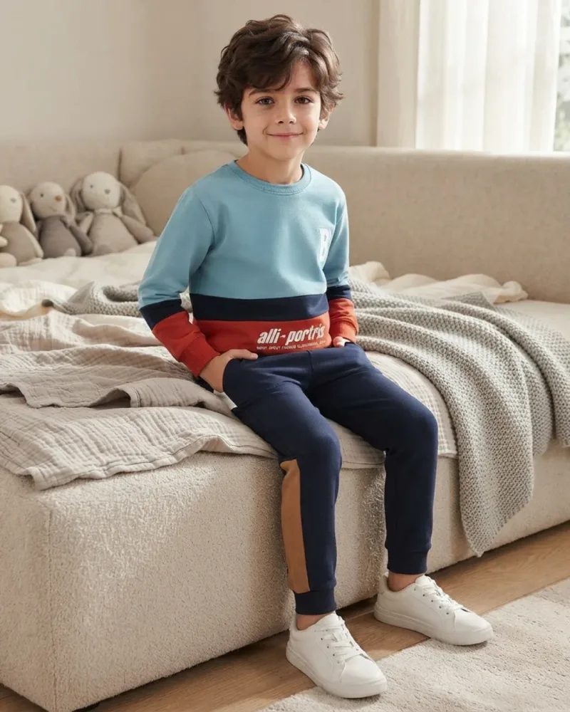 Mavi renkli erkek çocuk takımı giymiş çocuk model uzun kollu tişört ve pantolonla poz veriyor – sentetik çocuk manken ile hero görünümü
