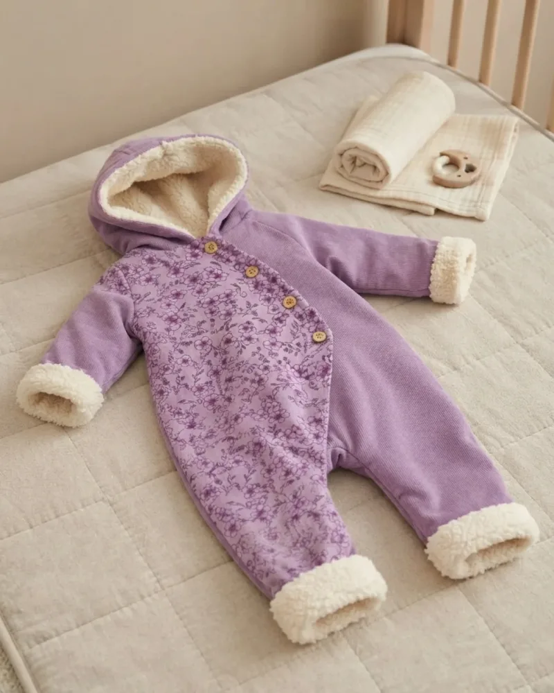 Kız bebek üzerinde lila çiçekli kapüşonlu düğmeli tulum, ekru astarlı kol ve paça uçları ile – stilist ürün parçaları kompozisyonu
