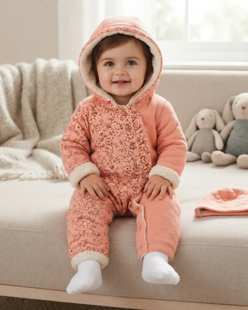 Somon Çiçek Desenli Kapüşonlu Kız Bebek Tulum – Çok Renkli