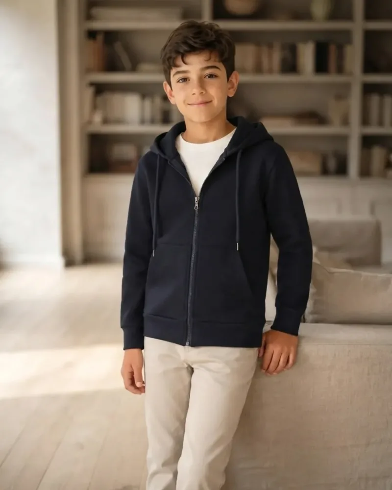 Unisex Çocuk Lacivert Kapüşonlu Kanguru Cepli 2 İp Okul Hırkası